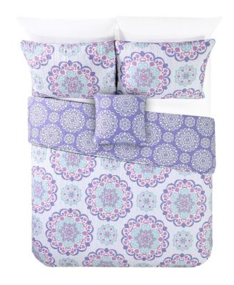 Vivian Purple 4-Piece All-Season Reversible Cotton Quilt Set - Full/Queen