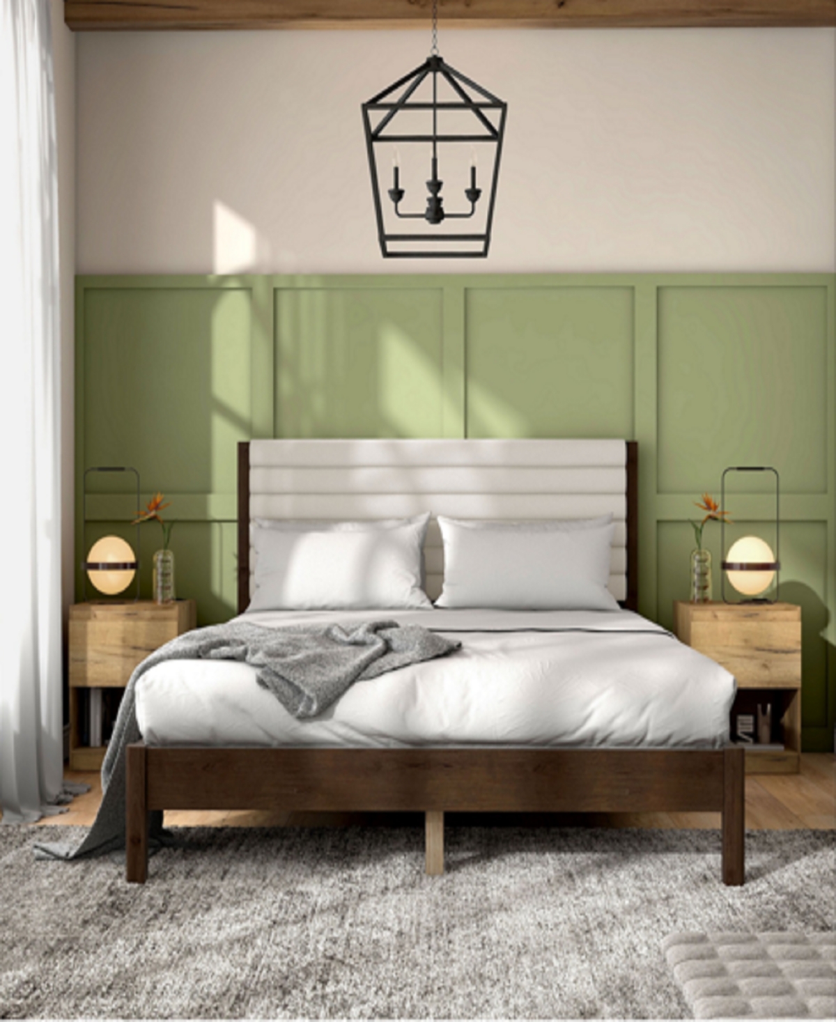 Furniture Of America Adin Queen Size Boucle Fabric Upholstered Bed In White And Dark Walnut