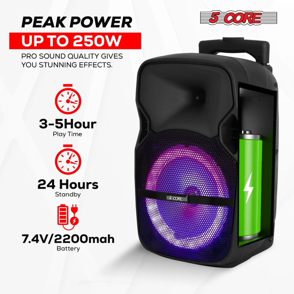 5 Core Tws Pair Bluetooth Party Speakers 250 W Portable Karaoke Pa System Rechargeable Loud Speaker + Tripod Stand & 2x Wireless Mics Led Light