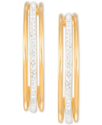Crystal Triple Row C-Shape Earrings in 18k Yellow Gold Over Sterling Silver  or Sterling Silver (48mm)