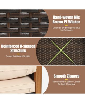 3 Pieces Patio Wicker Furniture Set with 2-Tier Side Table and Cushioned Armchairs