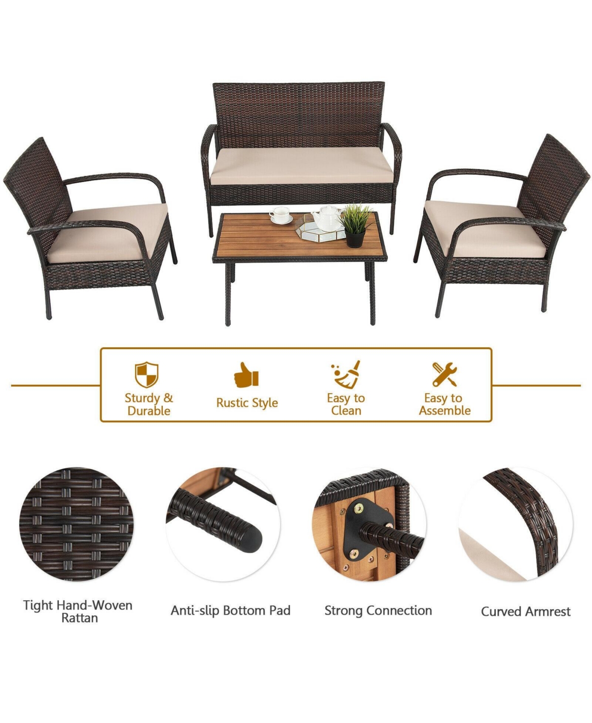 Sugift 4 Pieces Patio Cushioned Wicker Conversation Set with Acacia Wood Tabletop