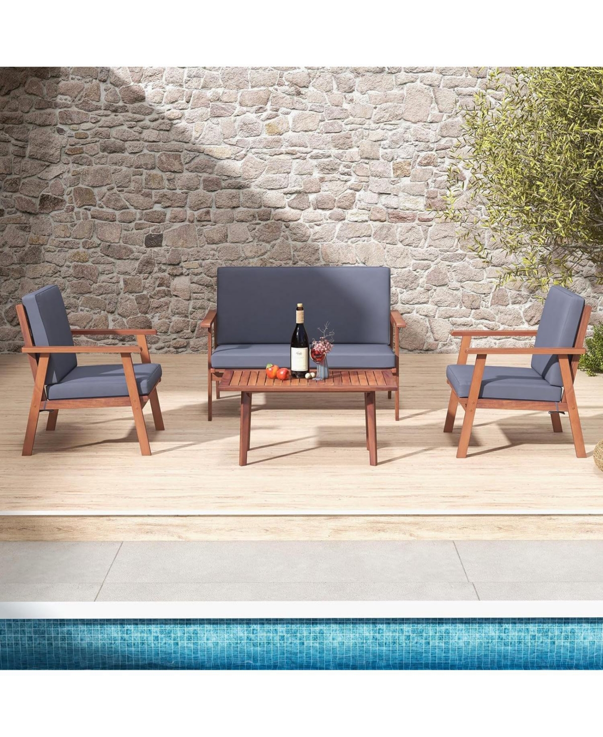 4 Piece Outdoor Acacia Wood Conversation Set with Soft Seat and Back Cushions-Gray