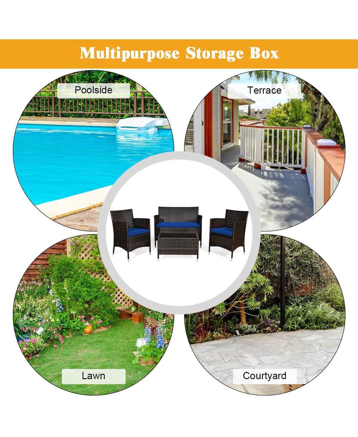 Sugift 4 Pieces Rattan Sofa Set with Glass Table and Comfortable Wicker for Outdoor Patio-Navy