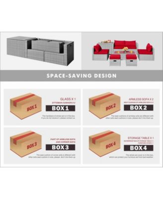 8 Pieces Patio Rattan Furniture Set with Storage Waterproof Cover and Cushion-Red