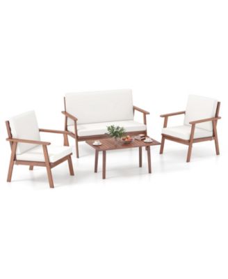 4 Piece Outdoor Acacia Wood Conversation Set with Soft Seat and Back Cushions-White