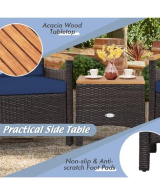 3 Pieces Patio Rattan Furniture Set with Removable Cushion-Navy