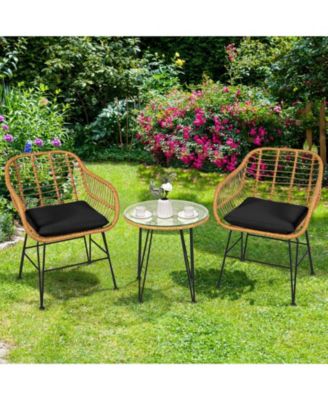 3 Pieces Rattan Furniture Set with Cushioned Chair Table-Black