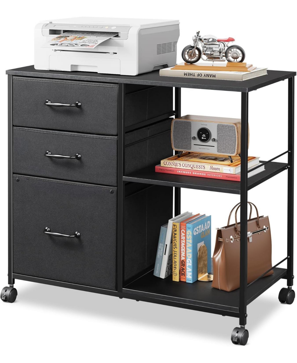 3 Drawer Mobile File Cabinet, Rolling Printer Stand with Open Storage Shelf, Fabric Lateral Filing Cabinet fits A4 or Letter Size for Home Office, Bla