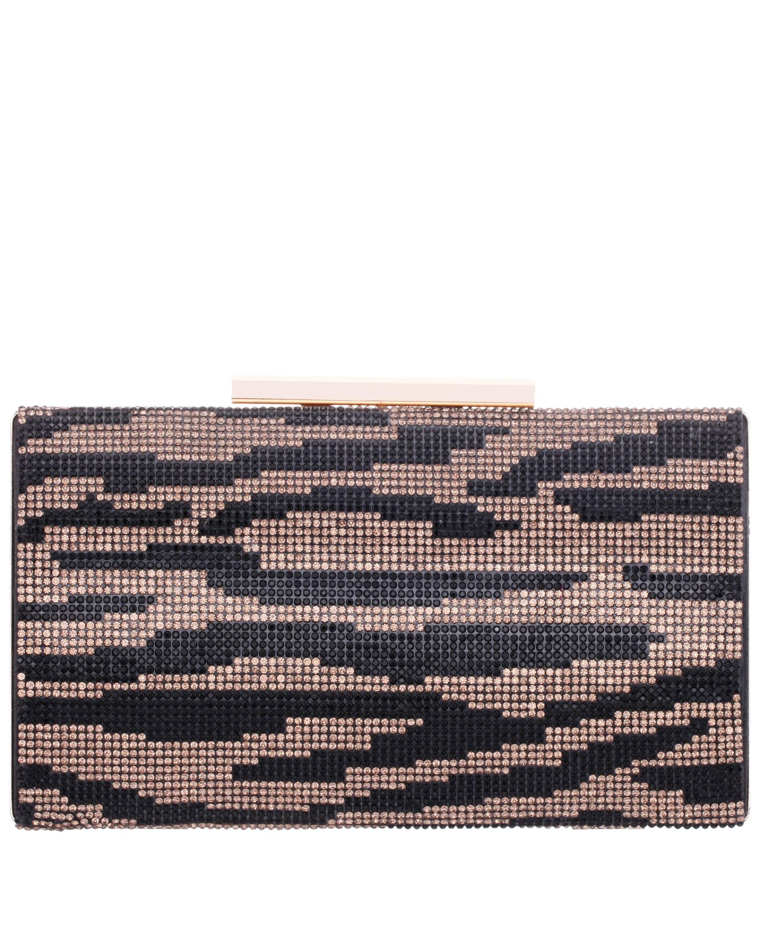 Zebra Print Crystal Curved Minaudiere Clutch