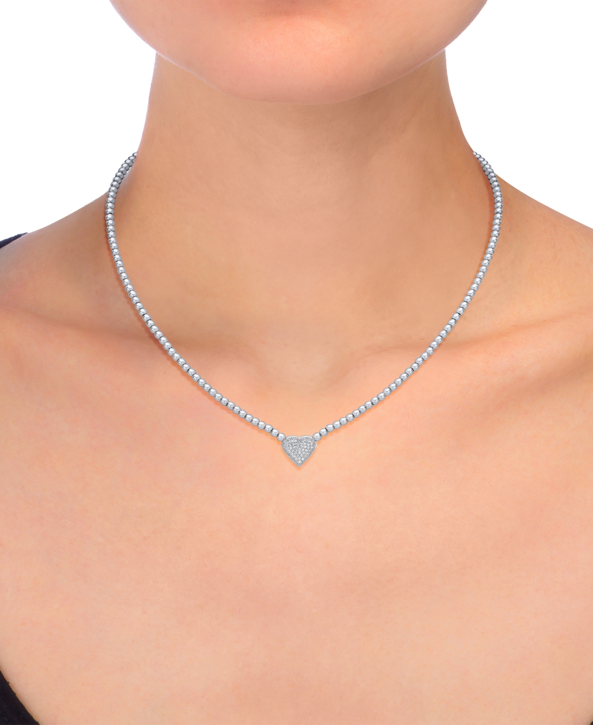 Macy's Diamond Pave Heart Beaded Chain 18" Pendant Necklace (1/4 Ct. T.w.) In Sterling Silver In Sterling Silver
