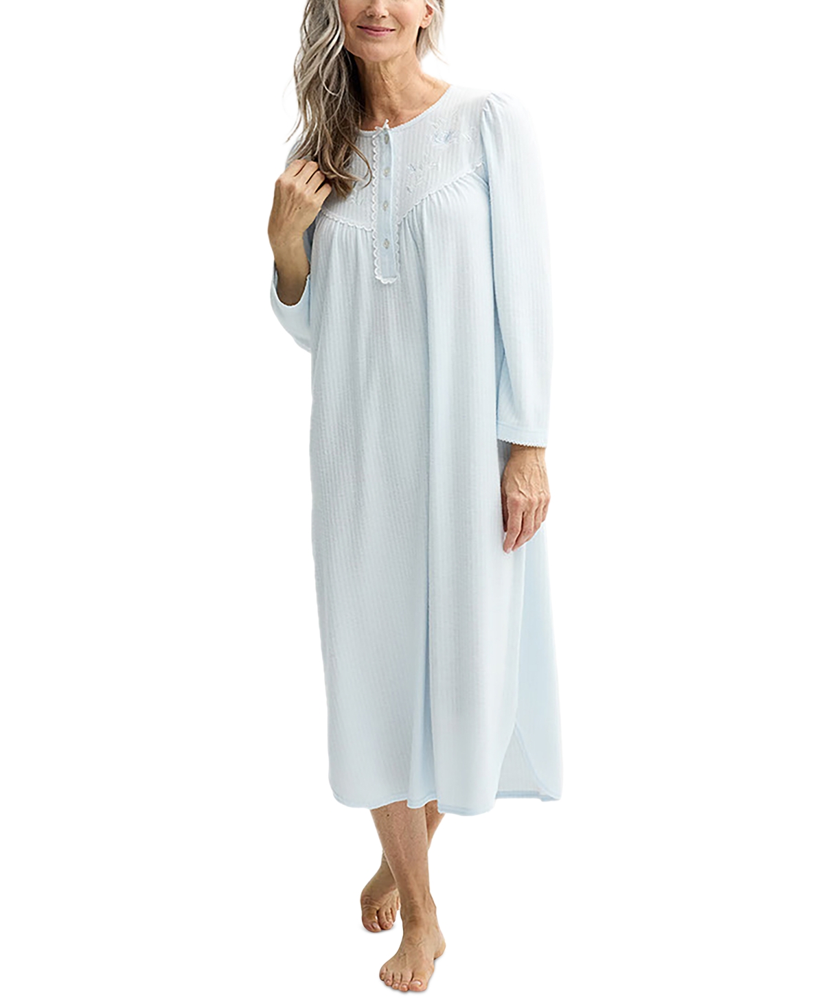 Petite Embroidered Honeycomb Knit Nightgown - Light Blue