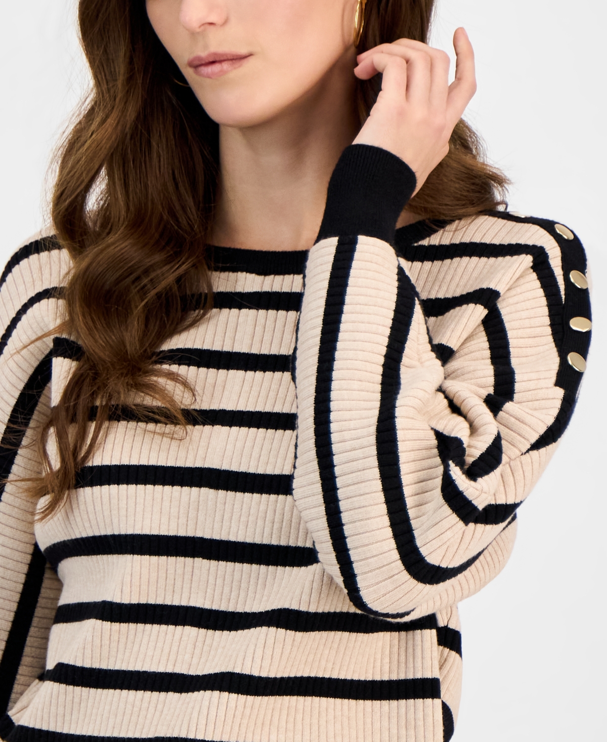 T Tahari Women's Striped Dolman Button-sleeve Sweater In Black,soft Tan
