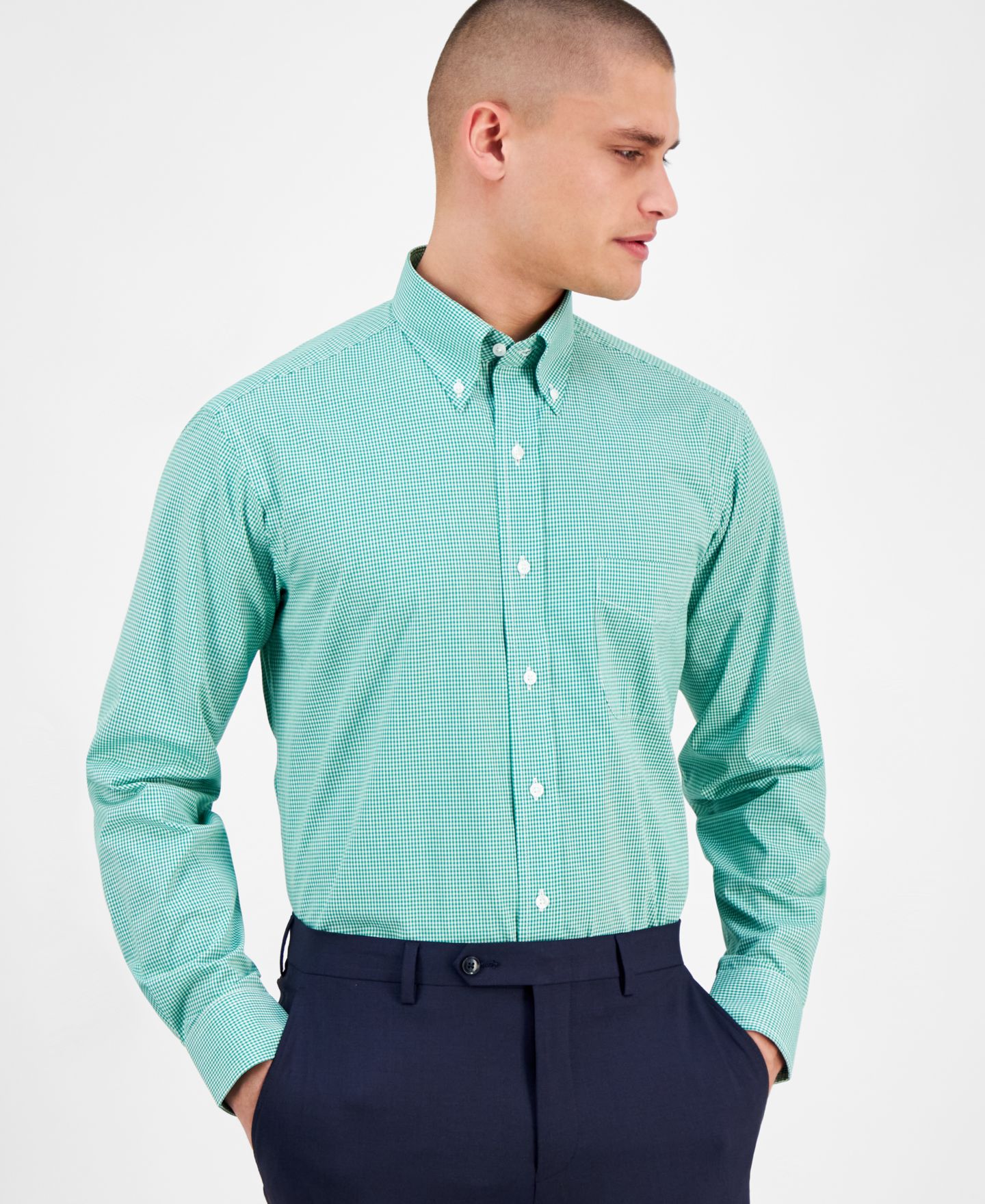 Мужская рубашка Club Room Regular Fit Mini Gingham Dress Shirt, цвет: Яркий сосновый — фото 1