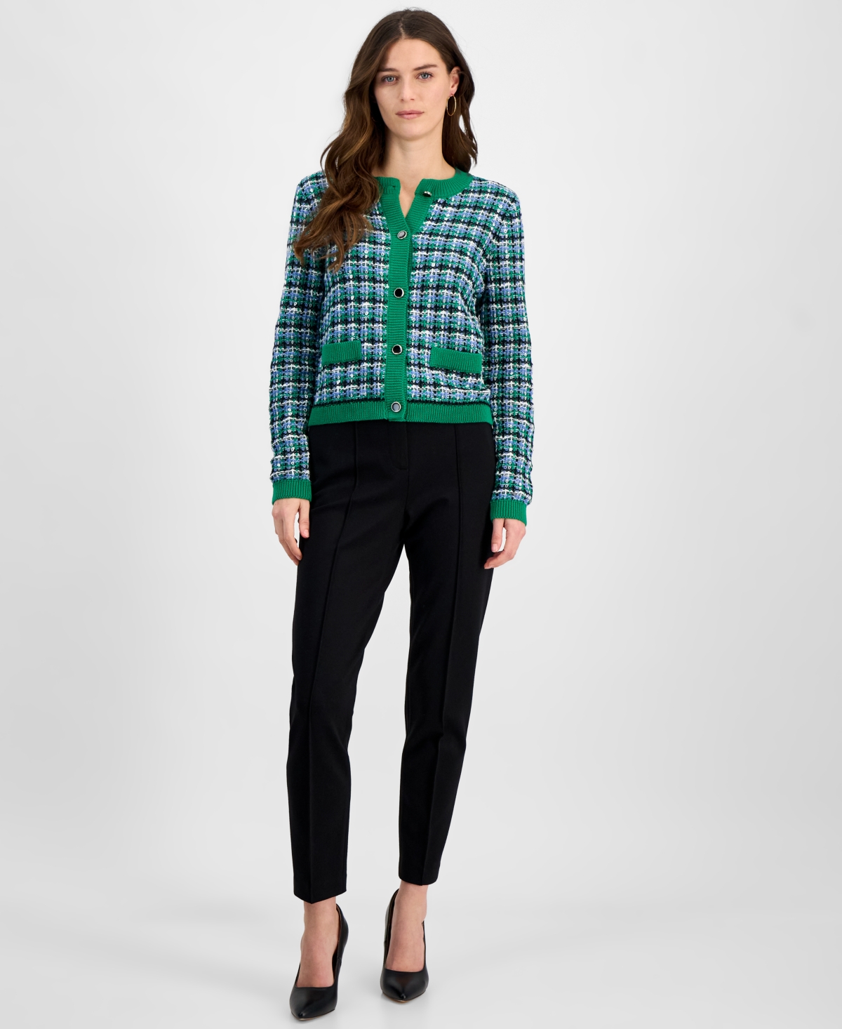 T Tahari Women's Long-Sleeve Crewneck Knit Cardigan