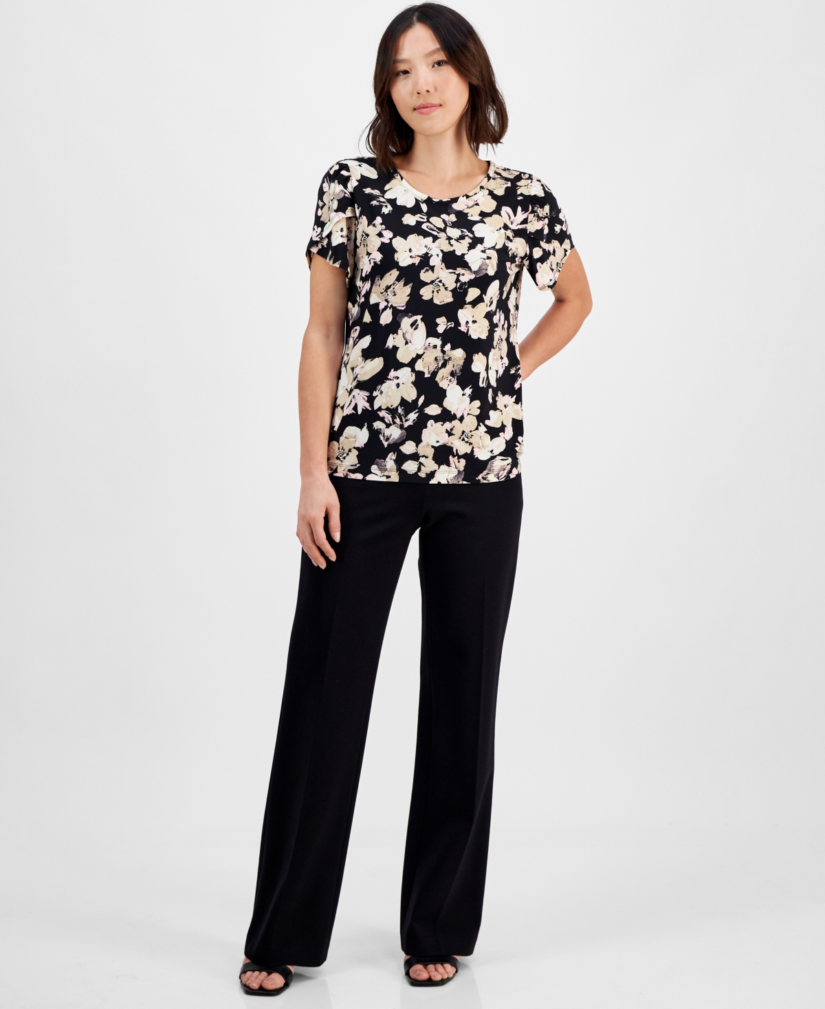 Ak Anne Klein Petite Gathered-Tulip Short-Sleeve Printed Top