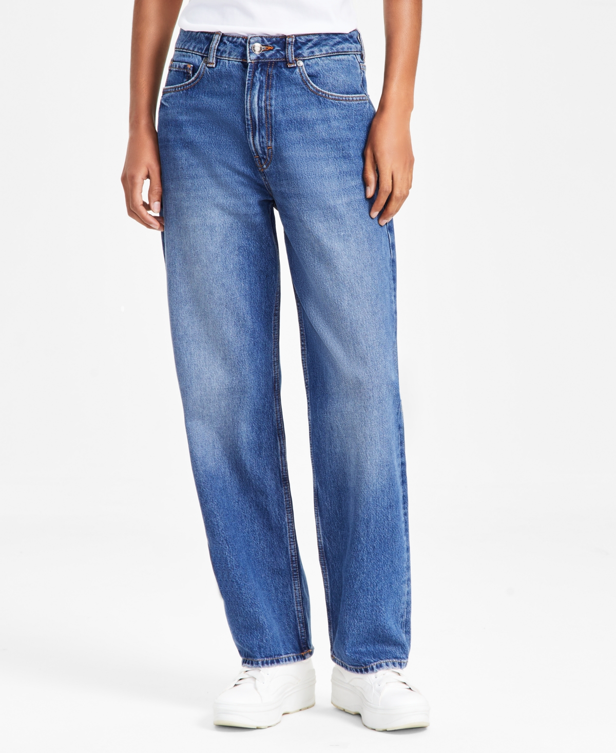 HUGO BOSS WOMEN'S HIGH-RISE FADED-FRONT STRAIGHT-LEG COTTON DENIM JEANS 