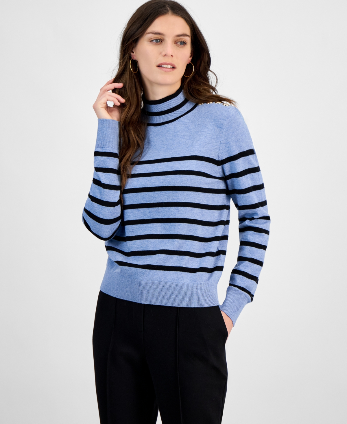T Tahari Women's Striped Mock-neck Long-sleeve Sweater In Fountain Heather Blue