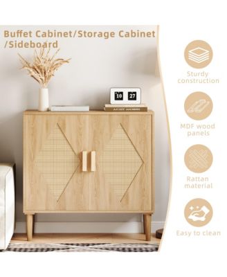 Buffet Cabinet with Storage, Storage Cabinet with 2 Rattan Decorated, Sideboard Cabinet, Accent Cabinet for Living Room, Dining Room, Entryway, Natural