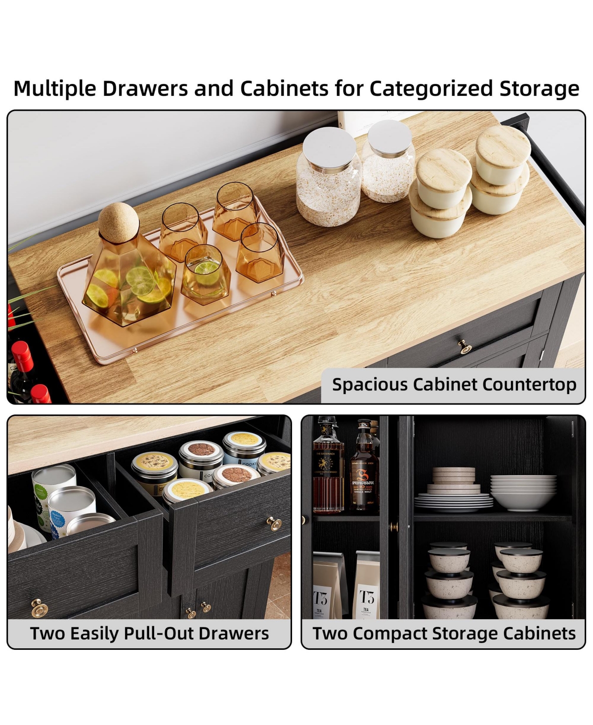 gaomon Kitchen Island Cart with Solid Wood Top, Portable Rolling Islands Table on Wheels with Drawer and Storage Cabinet