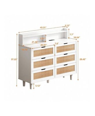 43.31 Inch Storage Cabinet 6 Drawer Dresser For Bedroom, Modern Wood Chest Of Drawers With LED Light Strip, 2 AC Sockets, 2 USB Ports, For Bedroom Hallway Living Room