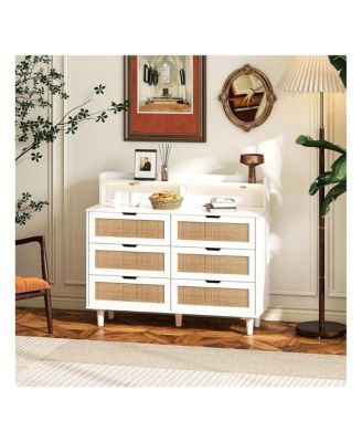 43.31 Inch Storage Cabinet 6 Drawer Dresser For Bedroom, Modern Wood Chest Of Drawers With LED Light Strip, 2 AC Sockets, 2 USB Ports, For Bedroom Hallway Living Room