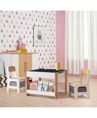 Kids Art Play Activity Table with Storage Shelf and Chair Set with Storage Baskets, White & Gray