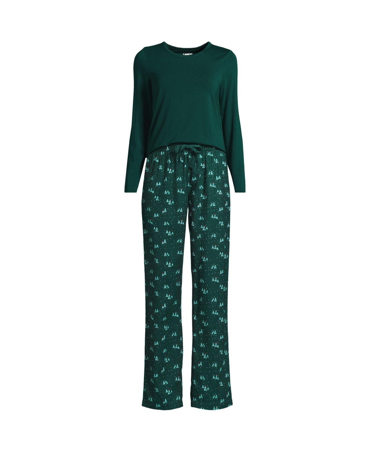 Lands' End Women's Pajama Set Knit Long Sleeve T-Shirt and Flannel Pants