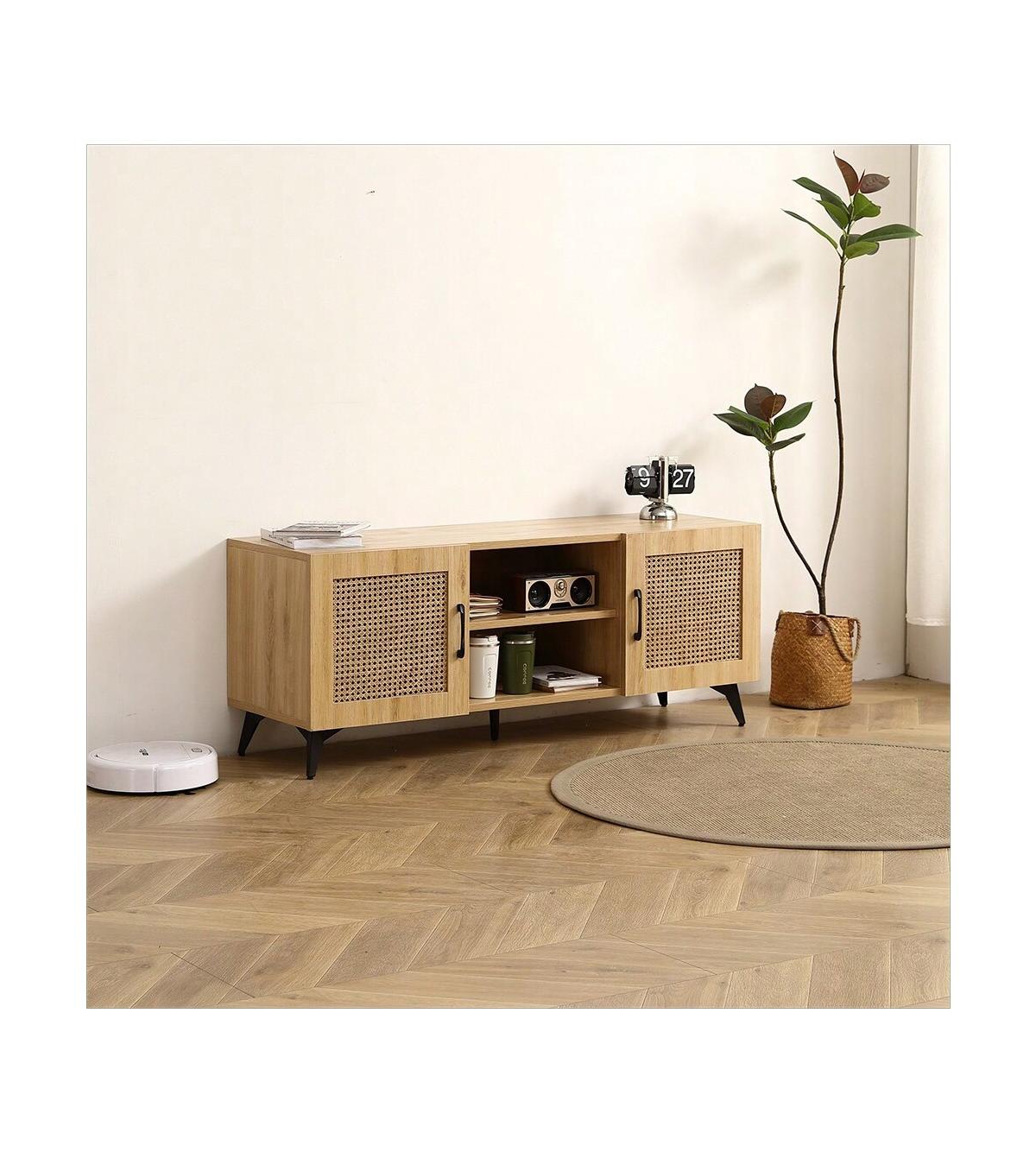 gaomon Tv Stand, Rattan Dresser Tv Stand With 2 Open Shelves And Doors, 2 Storage Spaces Farmhouse Entertainment Console Table For Living Room 51.2x16