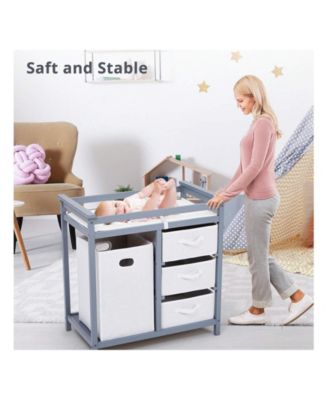 Wooden Baby Changing Table, Diaper Changing Table, Infant Diaper Changing Station Dresser With Laundry Hamper, 3 Drawer Basket And Changing Pad