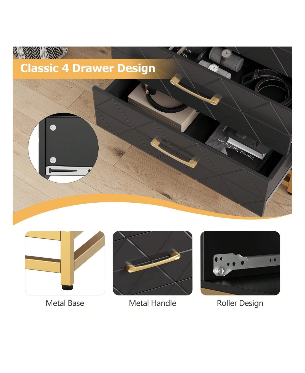 gaomon Dresser For Bedroom With 4 Drawers And Metal Handle,Chest Of Drawers, Sturdy Frame Modern Bedroom Furniture, Wood Dressers With Drawers