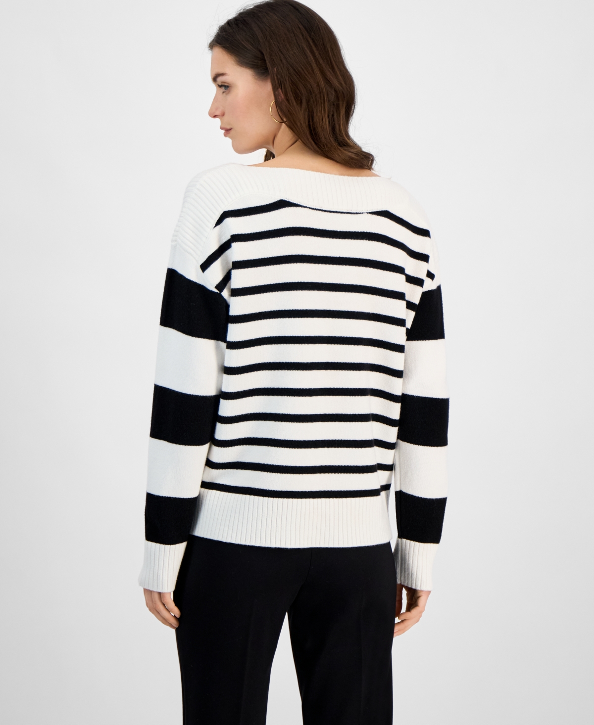 T Tahari Women's Mixed-stripe Boat-neck Long-sleeve Sweater In White Star,black