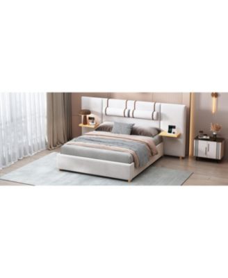 Queen Size Upholstered Platform Bed with Dual Outlets and USB Charging Ports on Each Side