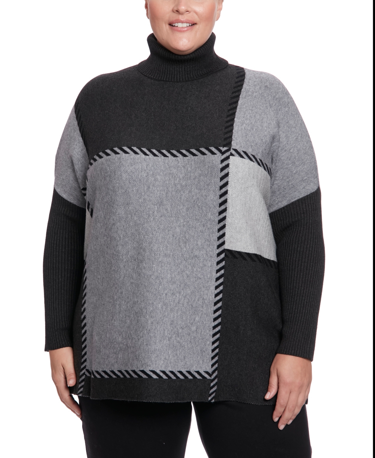Joesph A Plus Size Stitched Colorblock Turtleneck Poncho Sweater