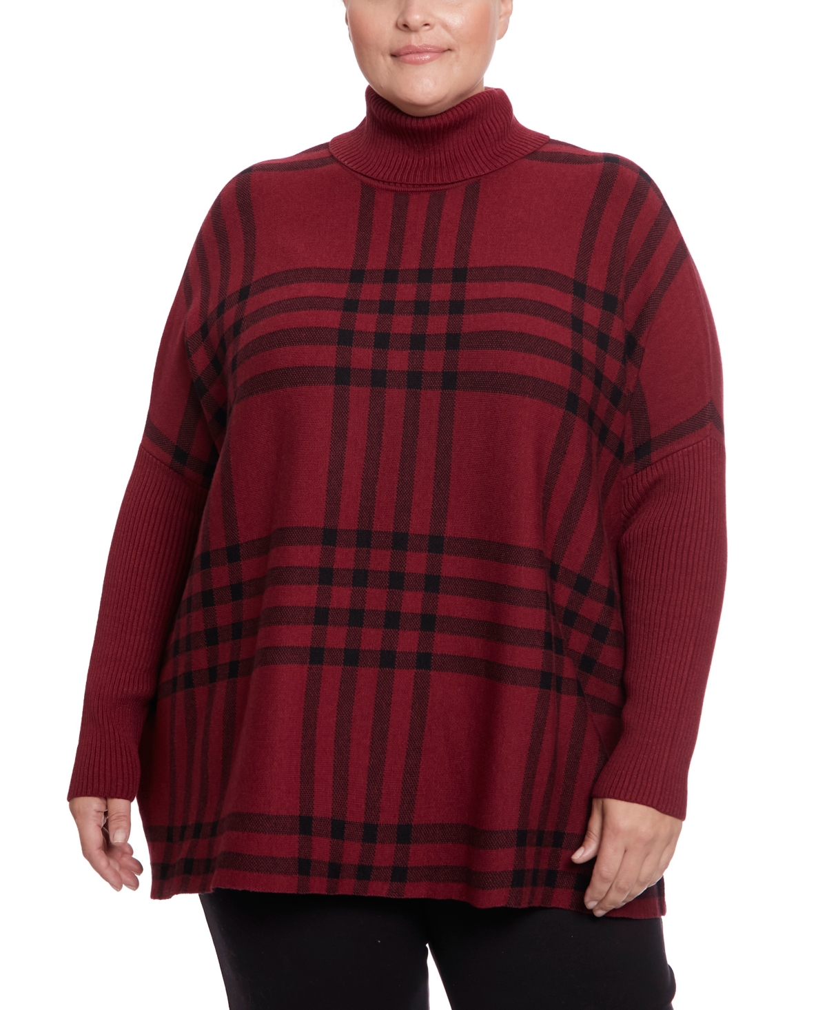 Joesph A Plus Size Plaid Turtleneck Poncho Sweater - Simple Plaid Cabernet