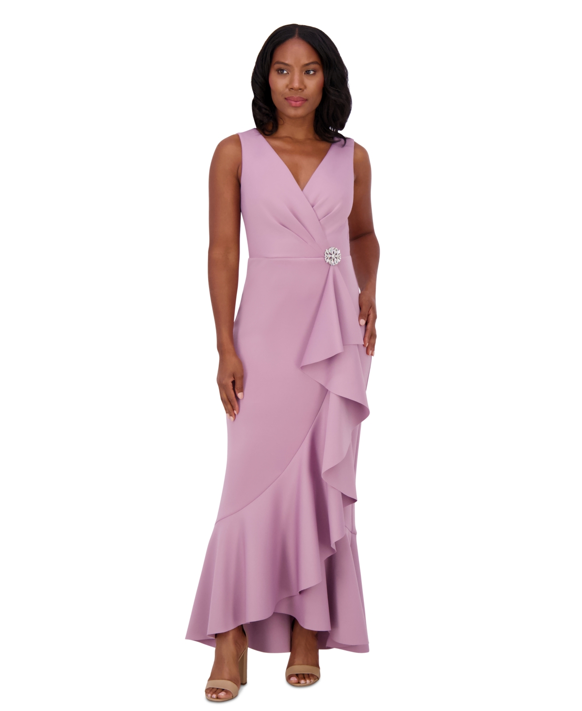 Jessica Howard Women's Cascade-ruffle Surplice-neck Gown In Mauve