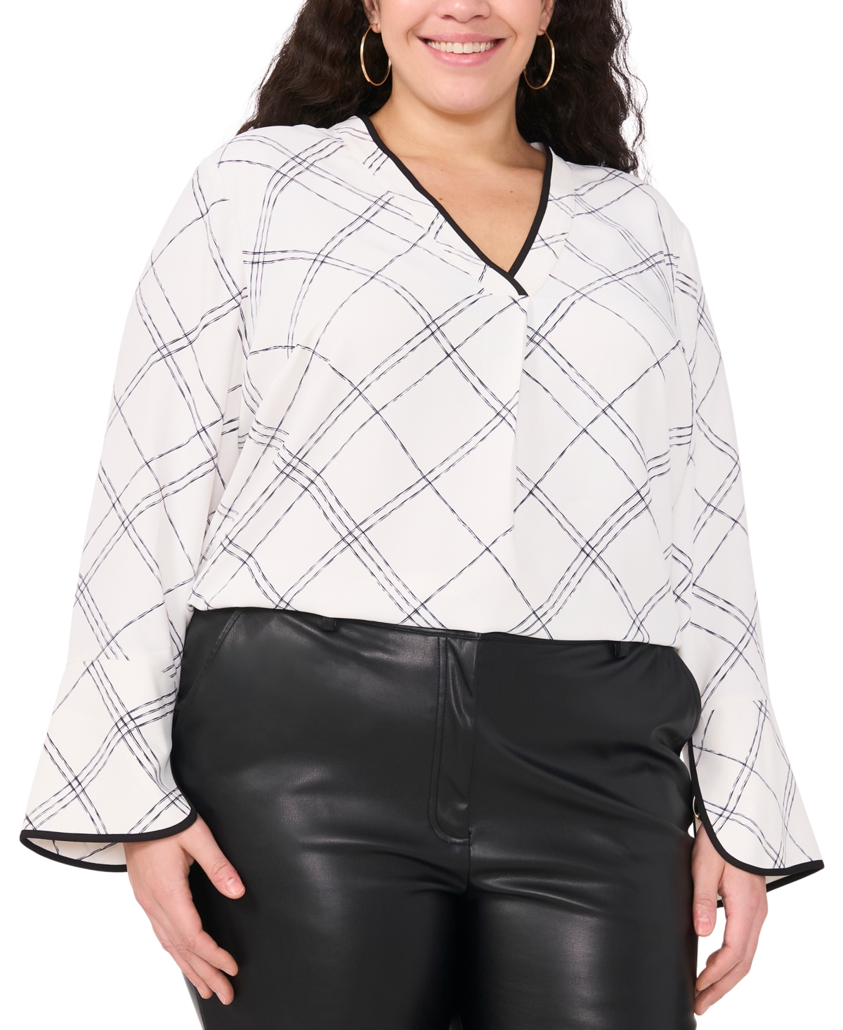 VINCE CAMUTO PLUS SIZE WINDOWPANE-PRINT BELL-SLEEVE TOP 