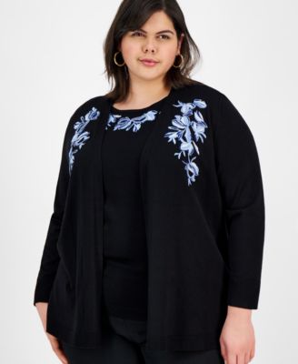 Kasper Plus Size Embroidered Cardigan Embroidered Top In Black
