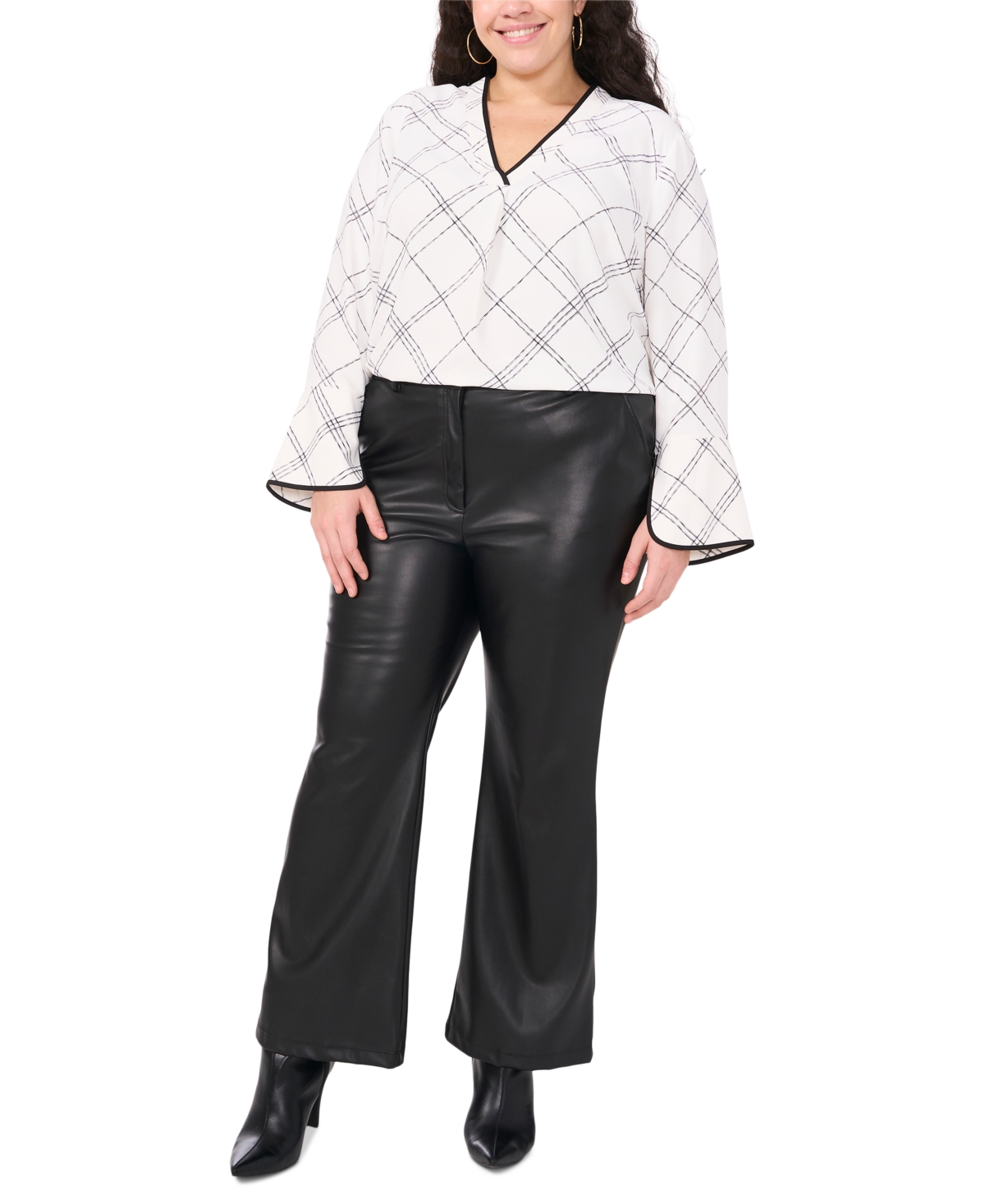 VINCE CAMUTO PLUS SIZE WINDOWPANE-PRINT BELL-SLEEVE TOP 