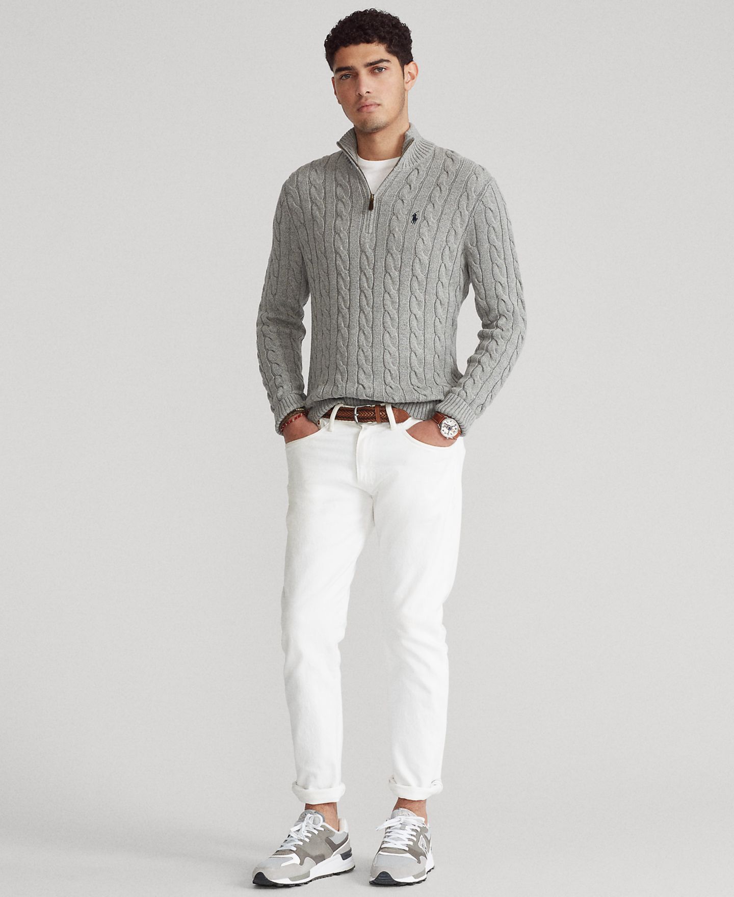 Мужской свитер Polo Ralph Lauren Big & Tall Cable-Knit Cotton Quarter-Zip, цвет: Палевый серый меланжевый — фото 10