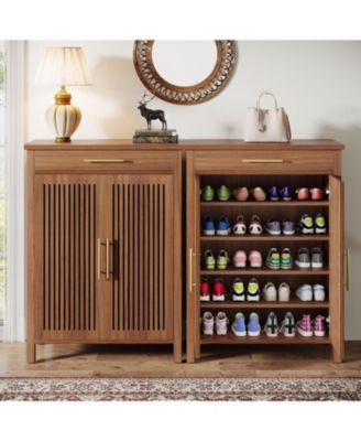 31.49" Wood 5-Tier Shoe Cabinet with Louvered Doors & Drawer Adjustable Shelves Freestanding Organizer for Entryway & Closet