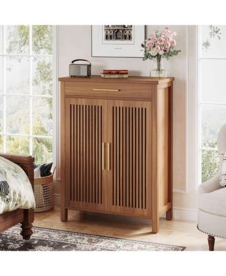 31.49" Wood 5-Tier Shoe Cabinet with Louvered Doors & Drawer Adjustable Shelves Freestanding Organizer for Entryway & Closet