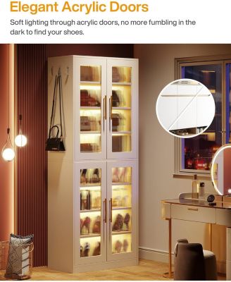 8-Tier Engineered Wood Shoe Organizer Cabinet with Acrylic Doors, LED Lights, Adjustable Shelves & Hooks