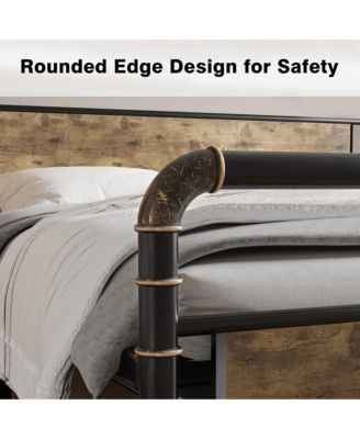 Queen Metal Bed Frame with Wood Headboard & Footboard, Heavy Duty Platform Bed Frame with 14" Under-Bed Storage