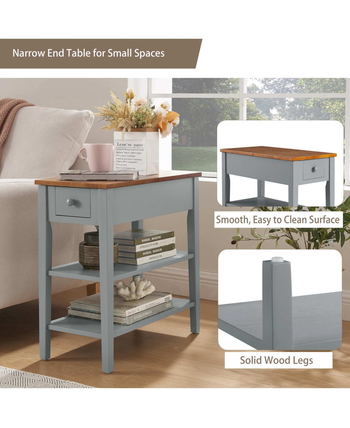 Slickblue Narrow 2-Tone End Table with Usb Ports and Solid Wood Legs for Small Spaces