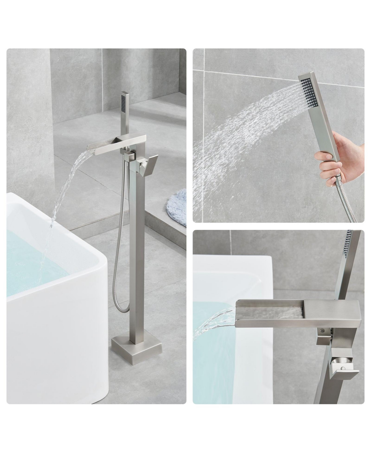 Flynama Single-Handle Free Standing Waterfall Tub Filler Bathroom Tub Faucet with Handheld Shower in Brushed Nickel