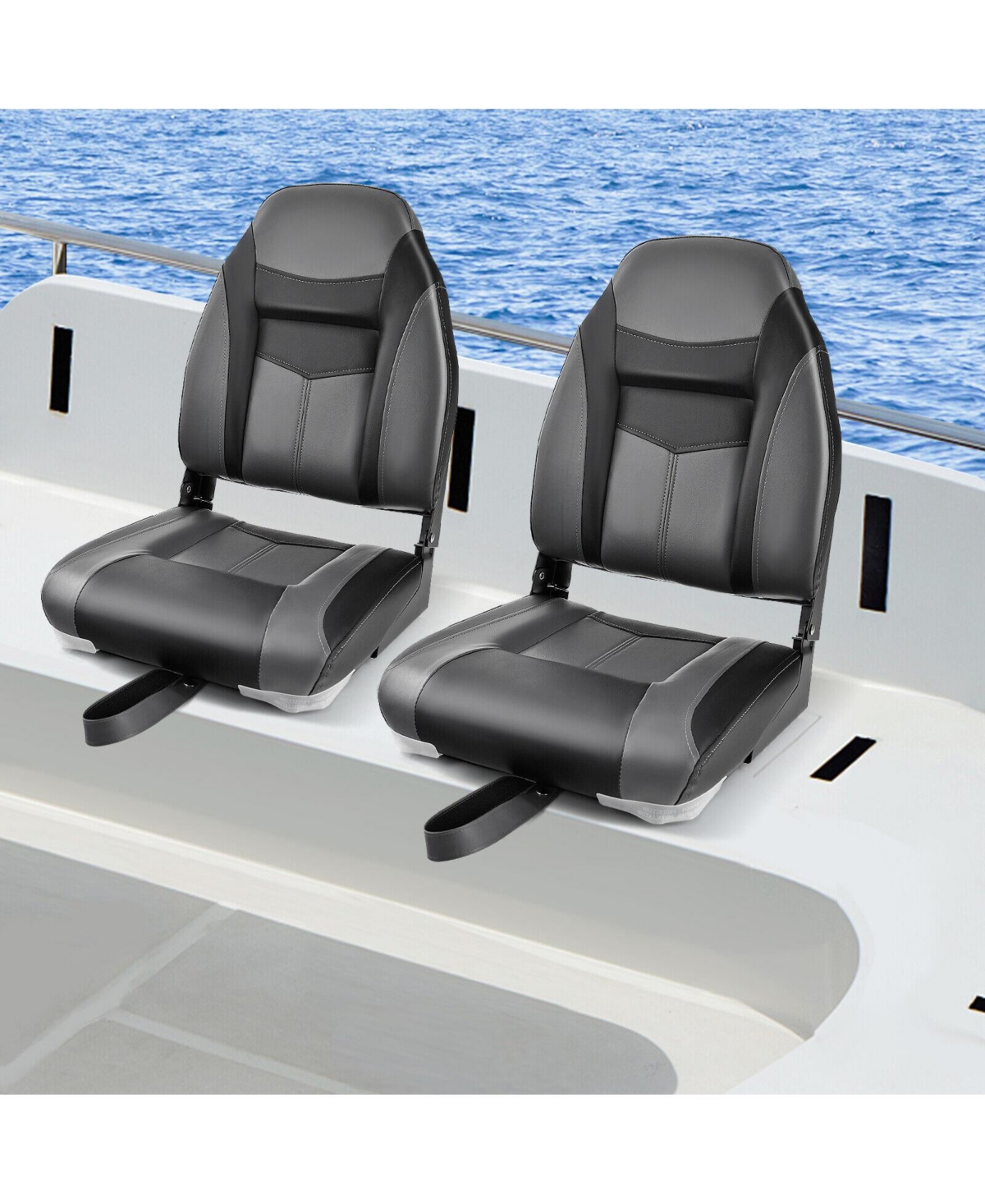 High Back Folding Boat Seats with Black Grey Sponge Cushion and Flexible Hinges - Black