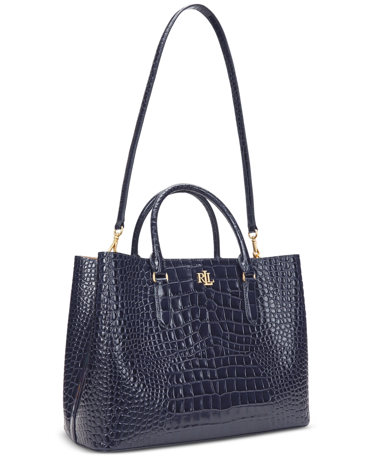 Ralph Lauren Marcy Large Embossed Leather Satchel Bag In Refined Navy
