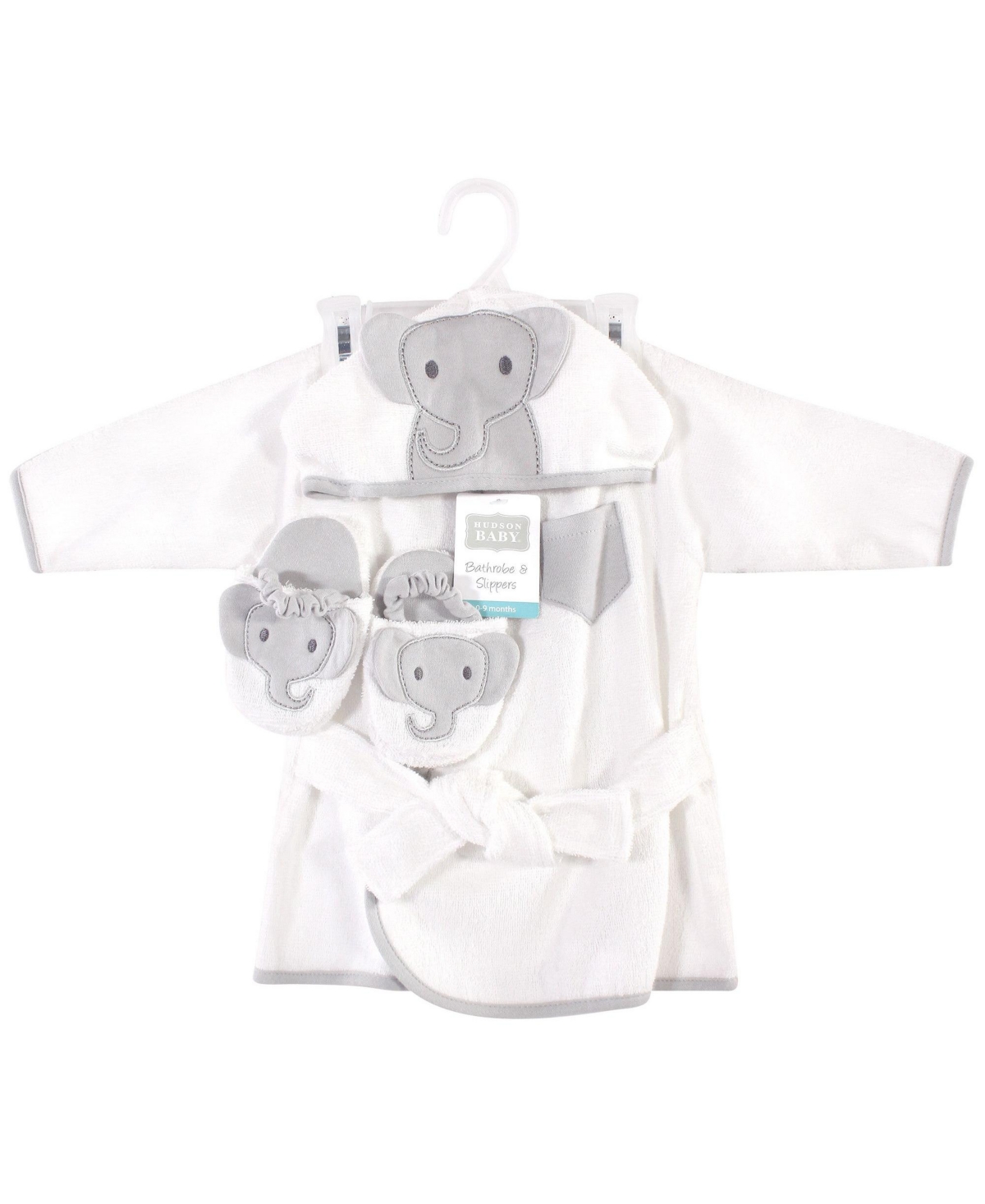 Hudson Baby Baby Boys Cotton Animal Face Bathrobe and Slippers 2pc, Months - Modern elephant
