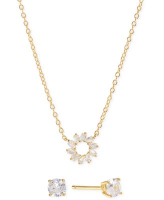 2-Pc Set Cubic Zirconia Sun Pendant Necklace & Solitaire Stud Earrings in Sterling Silver (Also available in 4k Gold over Sterling Silver)